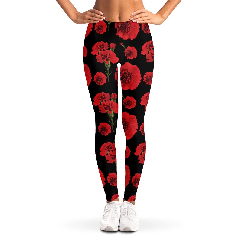 Red And Black Carnation Pattern Print Women's Leggings Comfortable Fleece-Lined Leggings