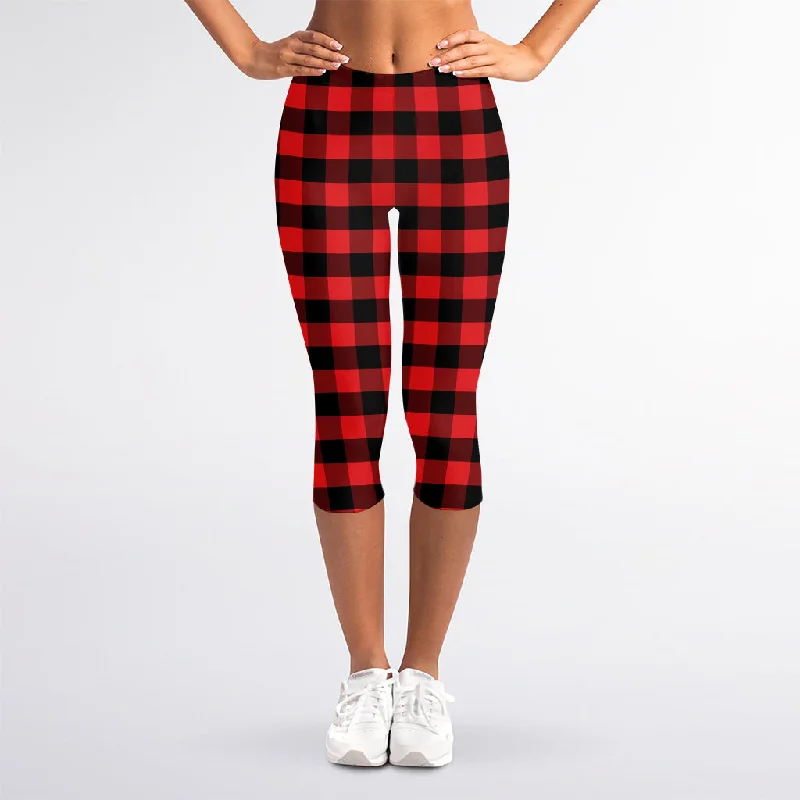 Red And Black Check Pattern Print Women's Capri Leggings Comfortable Zip-Up Leggings