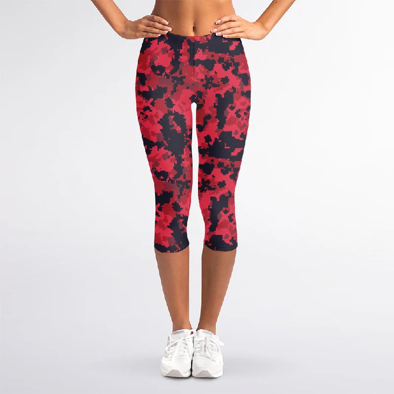 Red And Black Digital Camo Pattern Print Women's Capri Leggings Chic Smooth Fit Leggings