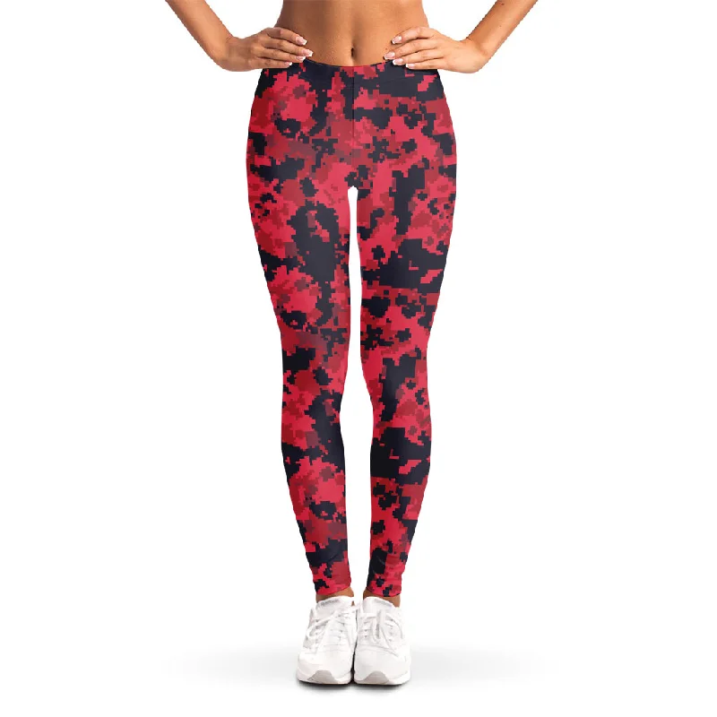 Red And Black Digital Camo Pattern Print Women's Leggings Casual Sporty Leggings