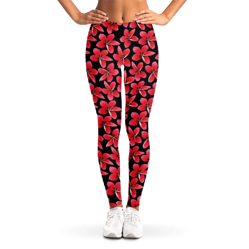 Red And Black Frangipani Pattern Print Women's Leggings Cozy Cotton Leggings