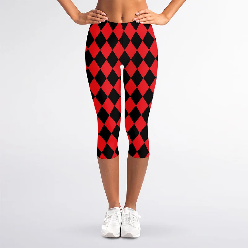 Red And Black Harlequin Pattern Print Women's Capri Leggings Trendy Black Mesh Leggings