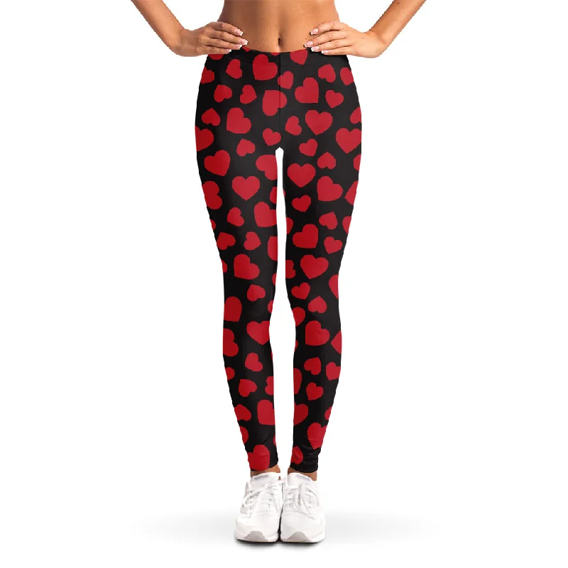 Red And Black Heart Pattern Print Women's Leggings Comfortable Stretch Leggings