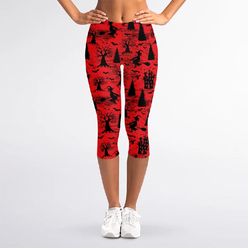 Red And Black Horror Witch Pattern Print Women's Capri Leggings Chic Printed Yoga Pants