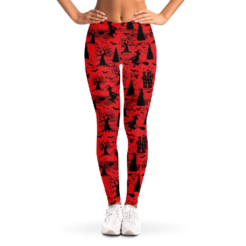 Red And Black Horror Witch Pattern Print Women's Leggings Stylish Lightweight Leggings