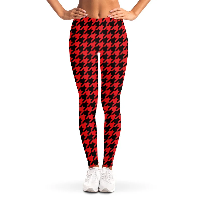 Red And Black Houndstooth Pattern Print Women's Leggings Elegant Casual Fit Leggings