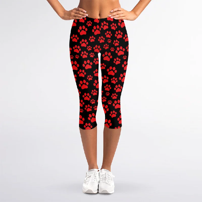 Red And Black Paw Pattern Print Women's Capri Leggings Fashionable Solid Color Tights