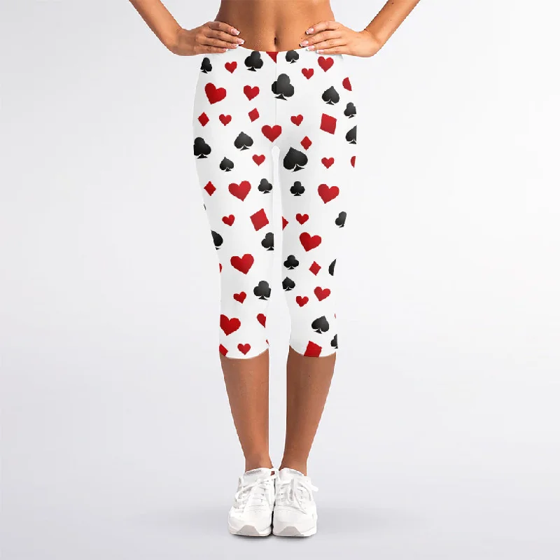 Red And Black Playing Card Suits Print Women's Capri Leggings Trendy Side-Pocket Leggings