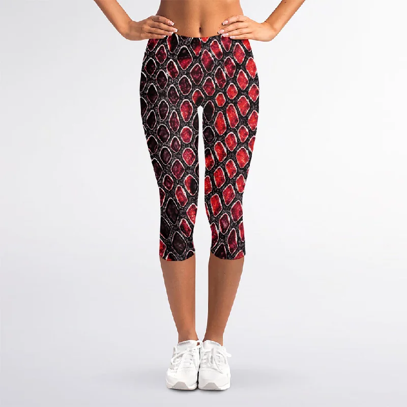 Red And Black Snakeskin Print Women's Capri Leggings Trendy Spandex Leggings