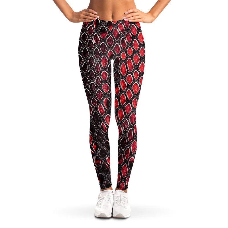 Red And Black Snakeskin Print Women's Leggings Stylish Side-Stripe Leggings