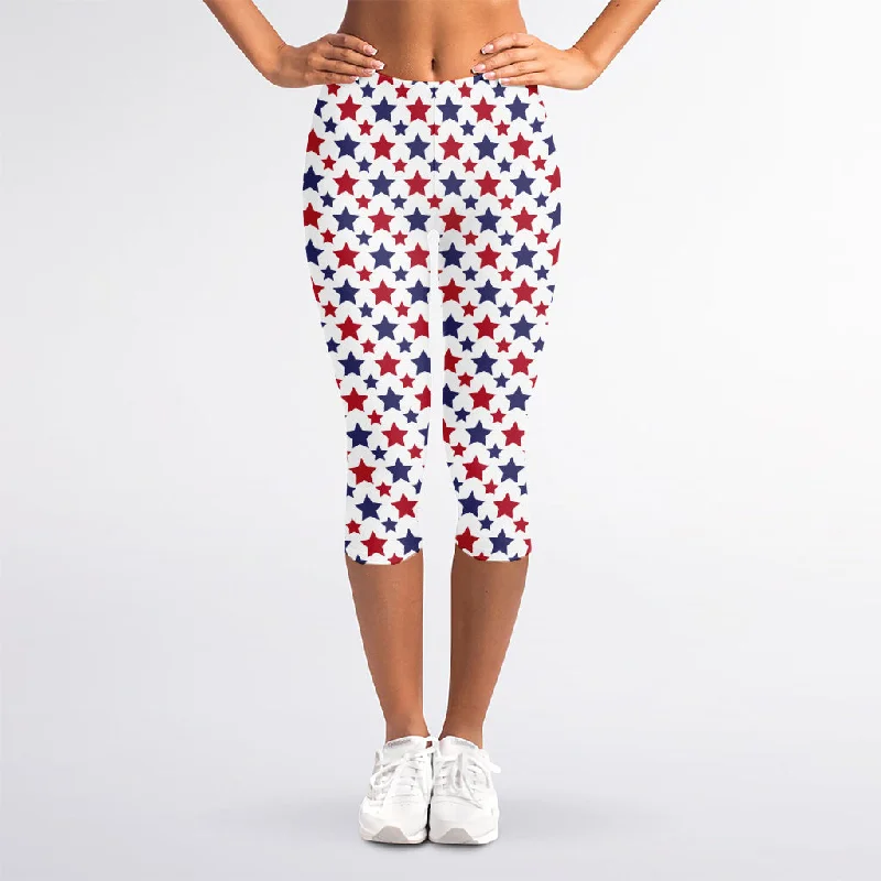 Red And Blue American Star Pattern Print Women's Capri Leggings Stylish Pockets Active Leggings