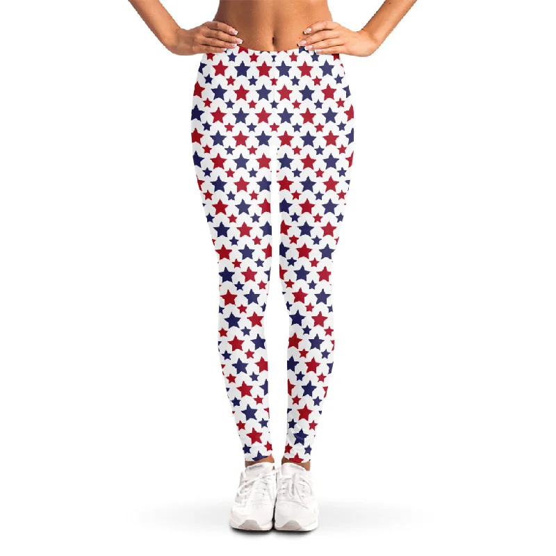 Red And Blue American Star Pattern Print Women's Leggings Trendy Leather-Look Workout Leggings