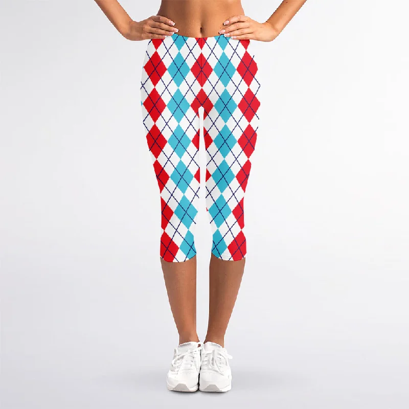 Red And Blue Argyle Pattern Print Women's Capri Leggings Comfortable Slip-On Leggings