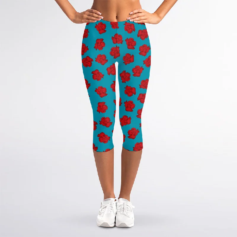 Red And Blue Carnation Pattern Print Women's Capri Leggings Comfortable Yoga Tights Leggings