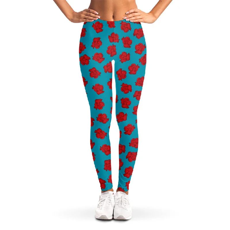 Red And Blue Carnation Pattern Print Women's Leggings Comfortable Leggings with Pockets