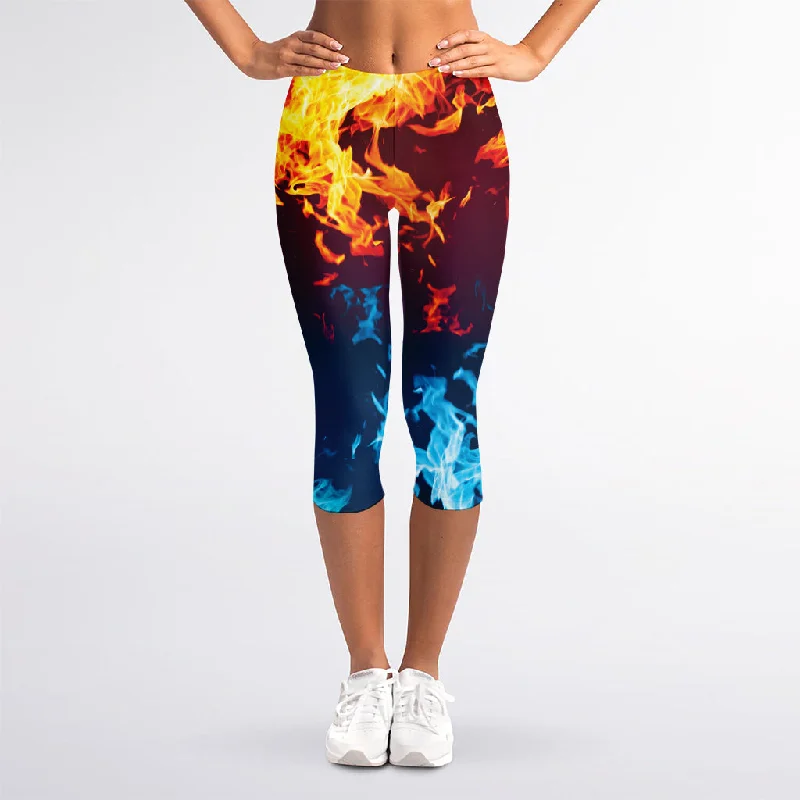 Red And Blue Fire Print Women's Capri Leggings Cozy Sweat-Wicking Leggings