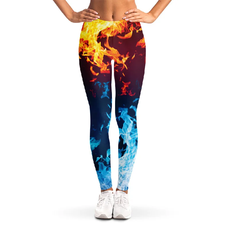 Red And Blue Fire Print Women's Leggings Fashionable Fitted Workout Leggings