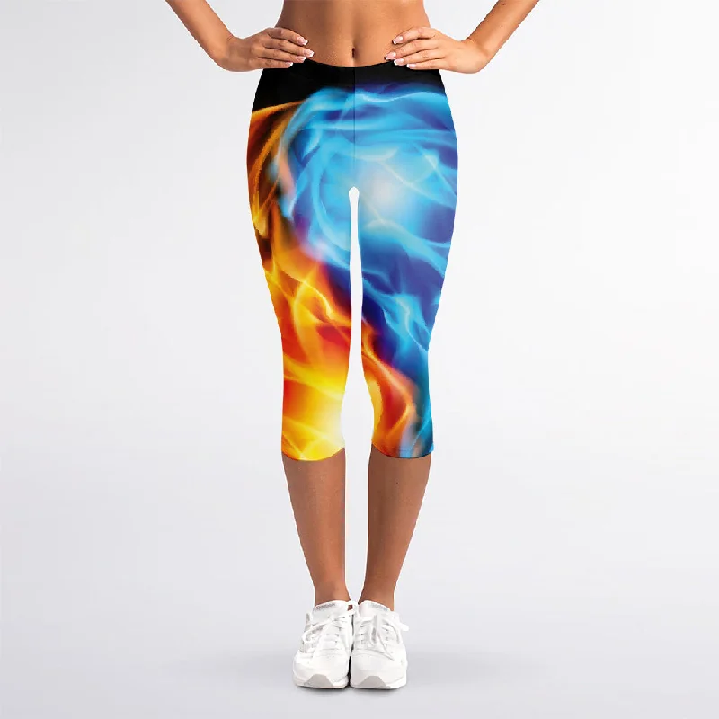 Red And Blue Fire Yin Yang Print Women's Capri Leggings Cozy Full-Length Workout Leggings