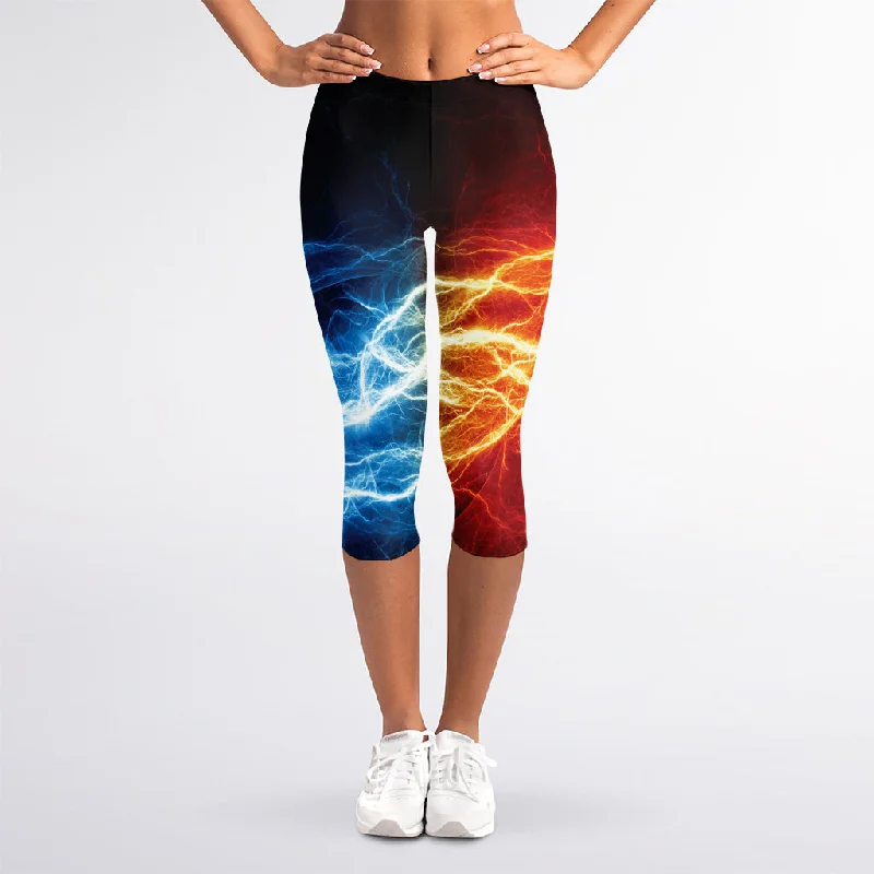 Red And Blue Lightning Print Women's Capri Leggings Comfortable Workout Fitness Leggings