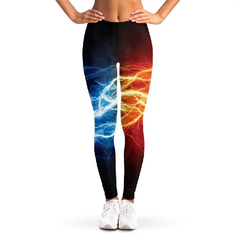 Red And Blue Lightning Print Women's Leggings Fashionable Ribbed Knit Leggings