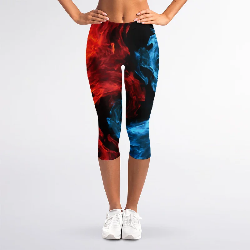 Red And Blue Twin Flame Print Women's Capri Leggings Elegant Satin Finish Leggings