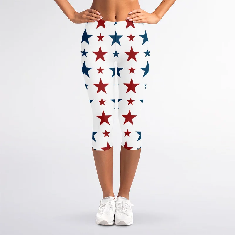 Red And Blue USA Star Pattern Print Women's Capri Leggings Fashionable Seamless Leggings