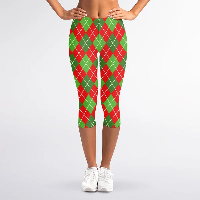 Red And Green Argyle Pattern Print Women's Capri Leggings Chic Floral Print Leggings