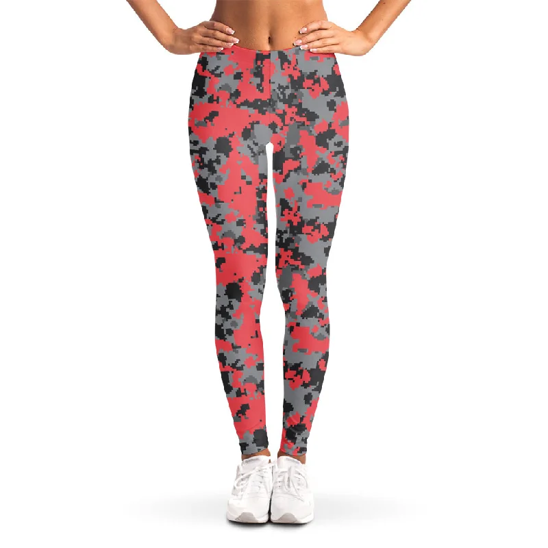 Red And Grey Digital Camo Pattern Print Women's Leggings Comfortable Tummy Shaping Leggings