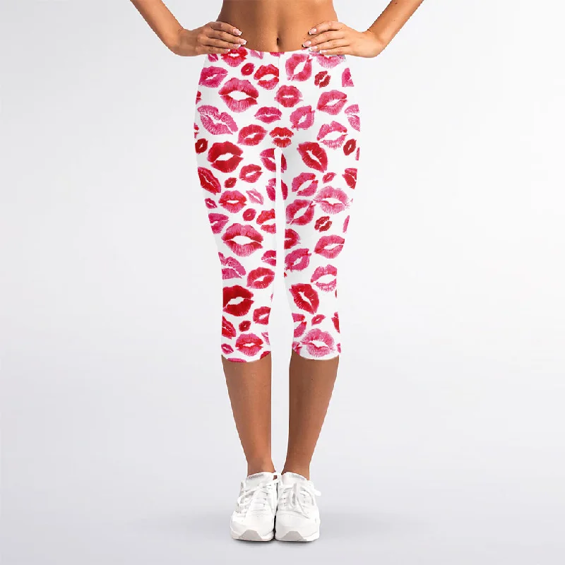 Red And Pink Lips Pattern Print Women's Capri Leggings Fashionable Tummy Control Leggings