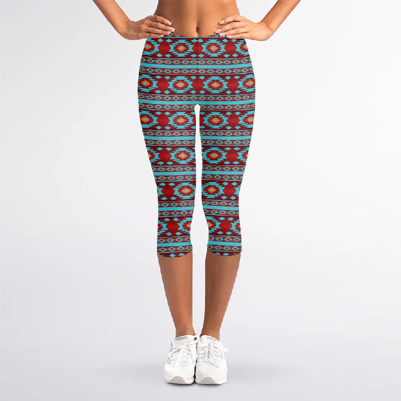 Red And Teal Southwestern Pattern Print Women's Capri Leggings Stylish Ankle-Length Leggings