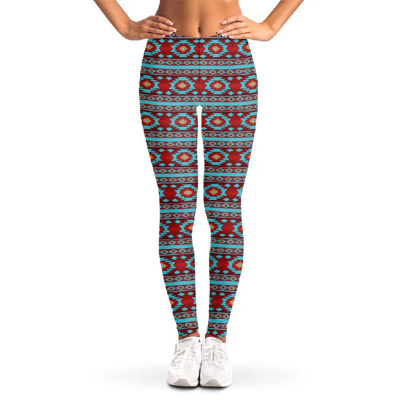 Red And Teal Southwestern Pattern Print Women's Leggings Cozy Lounge Pants Leggings