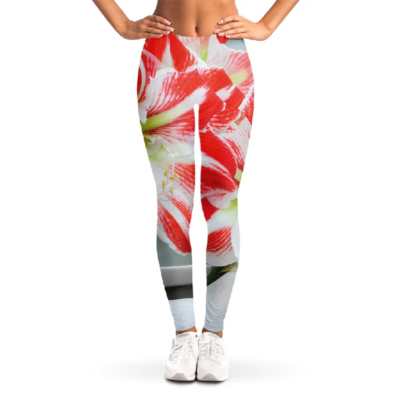 Red And White Amaryllis Print Women's Leggings Trendy Seamless Fit Leggings