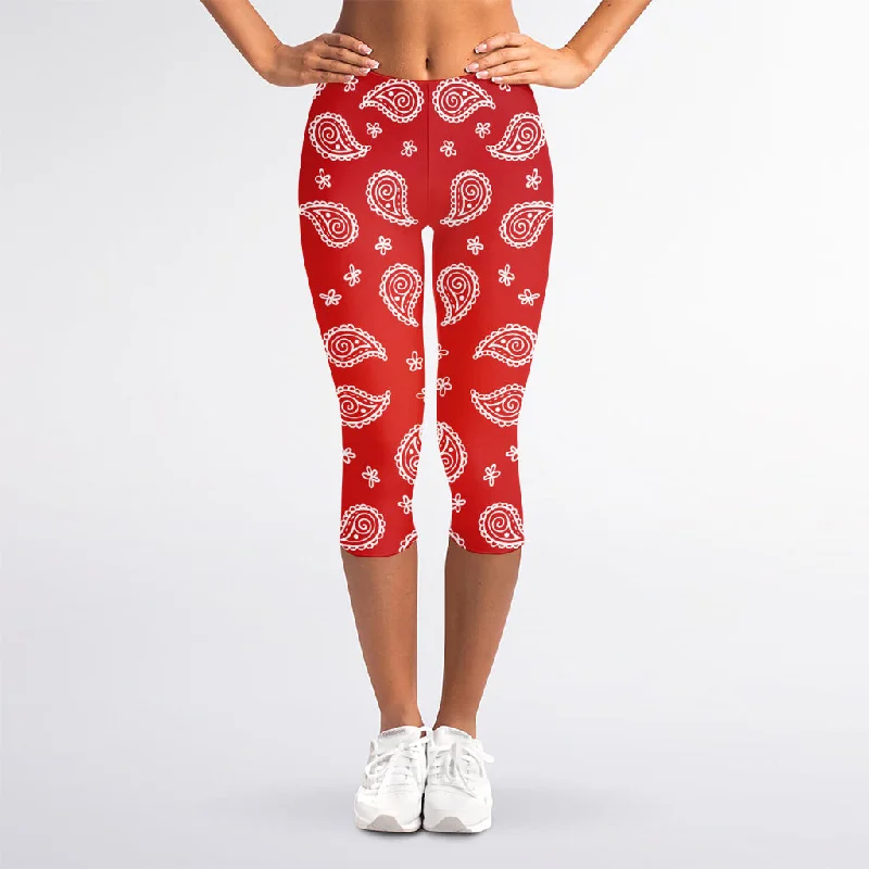 Red And White Bandana Print Women's Capri Leggings Comfortable Stretch Leggings