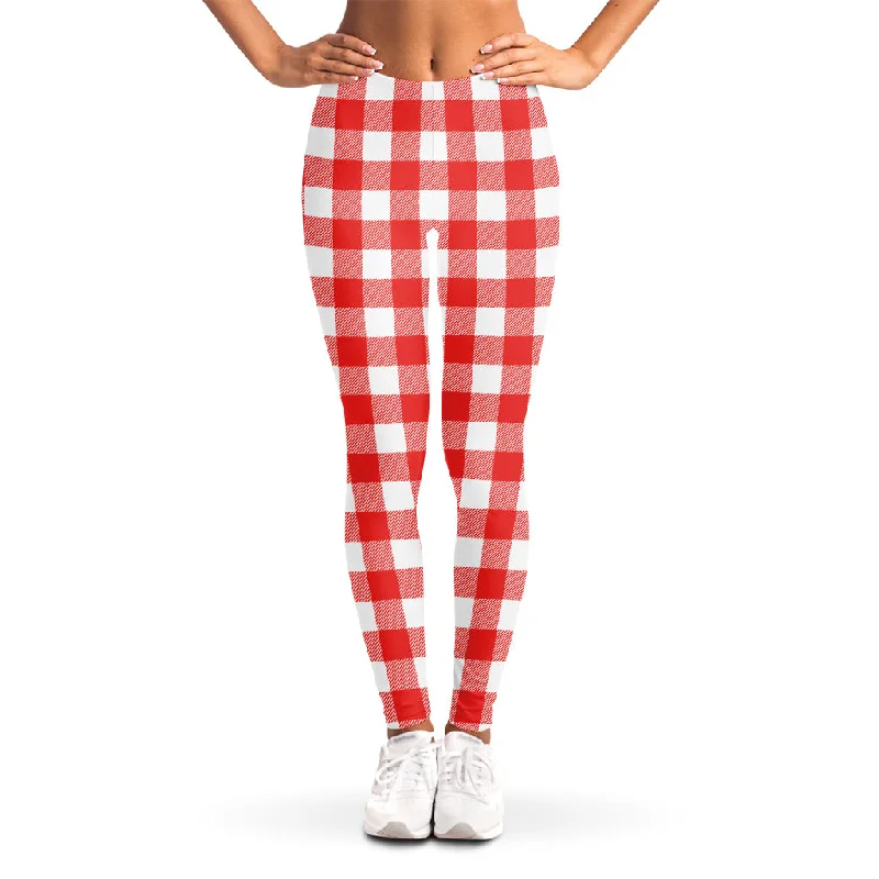 Red And White Buffalo Check Print Women's Leggings Fashionable Smooth Fit Leggings