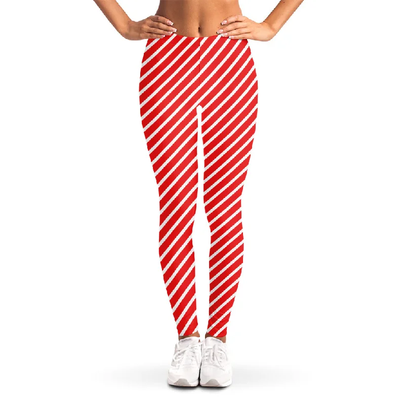 Red And White Candy Cane Pattern Print Women's Leggings Stylish Athletic Wear Leggings