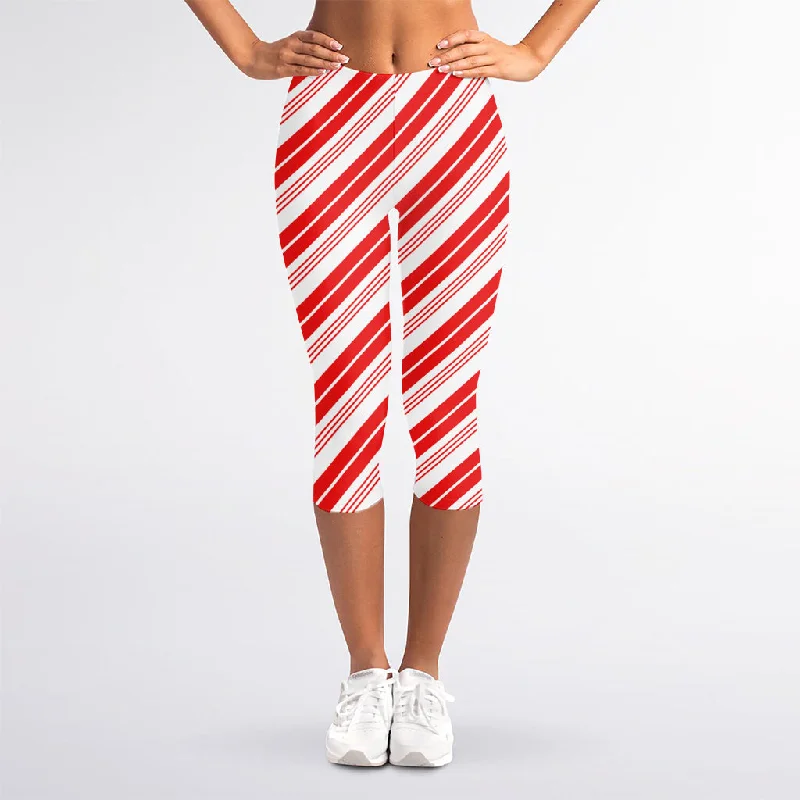 Red And White Candy Cane Stripe Print Women's Capri Leggings Fashionable Leather-Look Leggings