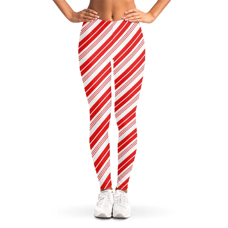 Red And White Candy Cane Stripe Print Women's Leggings Trendy Adjustable Waist Leggings