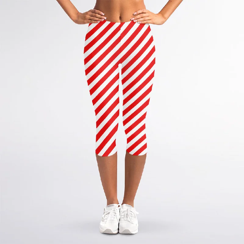 Red And White Candy Cane Striped Print Women's Capri Leggings Elegant Black Leggings