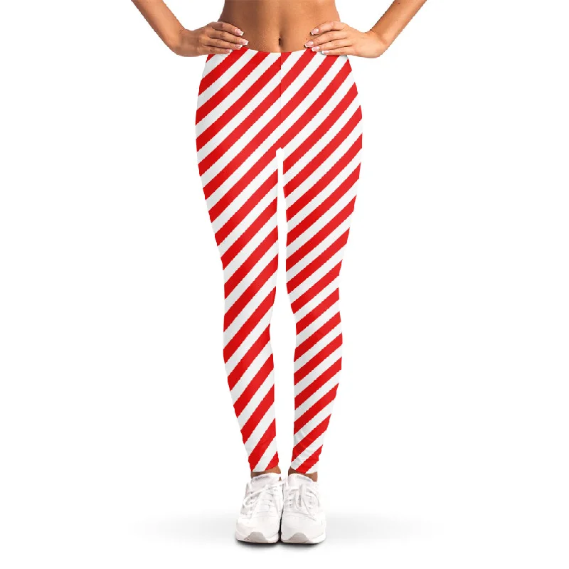 Red And White Candy Cane Striped Print Women's Leggings Fashionable Solid Color Tights