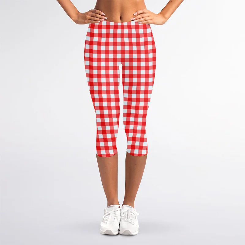 Red And White Check Pattern Print Women's Capri Leggings Stylish Lightweight Leggings