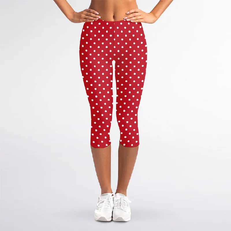 Red And White Christmas Dots Print Women's Capri Leggings Trendy Flared Leggings