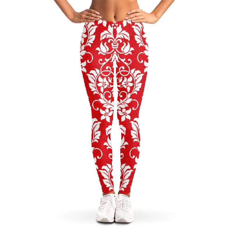 Red And White Damask Pattern Print Women's Leggings Trendy Polka Dot Leggings