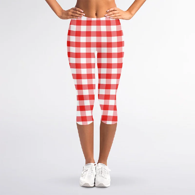 Red And White Gingham Pattern Print Women's Capri Leggings Comfortable Bootcut Workout Leggings