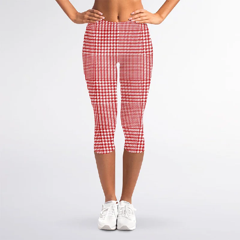 Red And White Glen Plaid Print Women's Capri Leggings Comfortable Athletic Tights