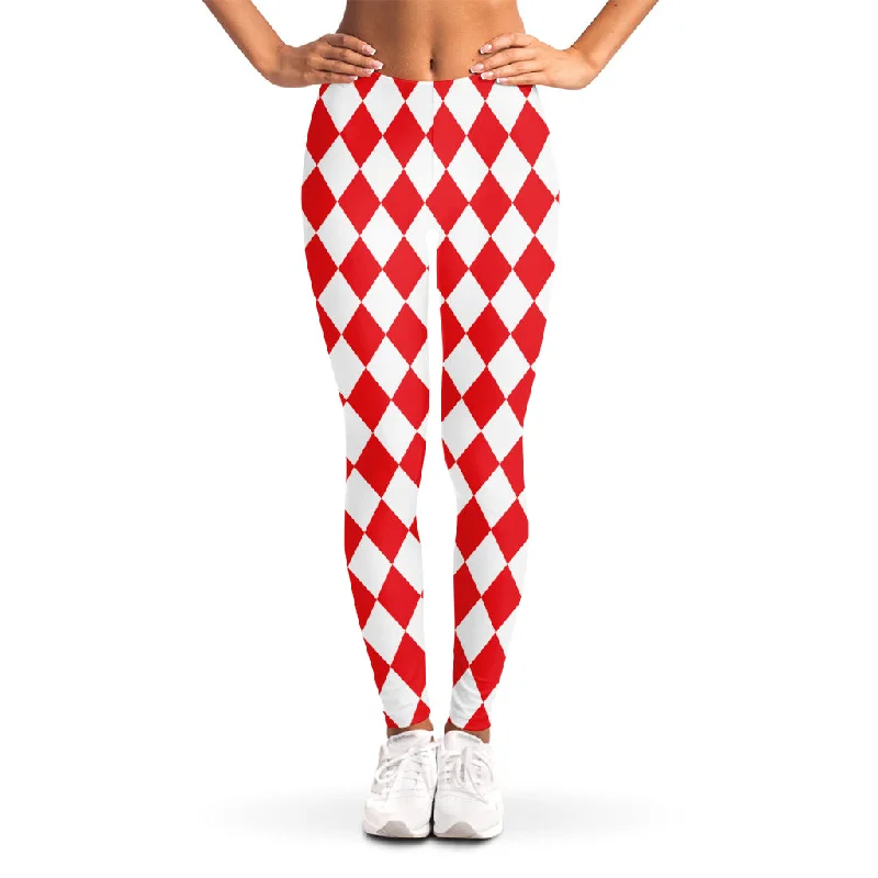 Red And White Harlequin Pattern Print Women's Leggings Stylish Camo Print Leggings