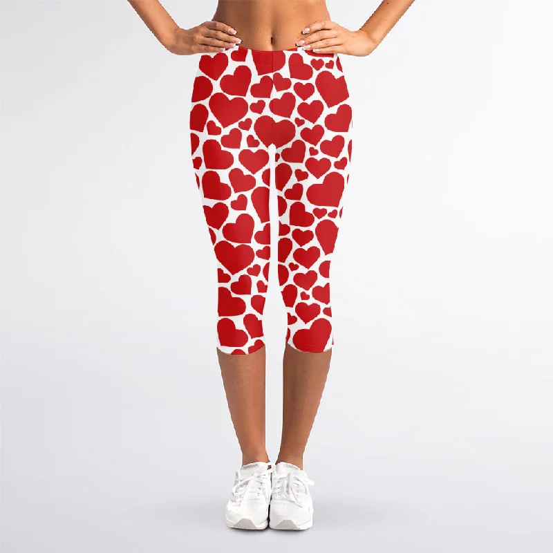 Red And White Heart Pattern Print Women's Capri Leggings Stylish Compression Fit Leggings