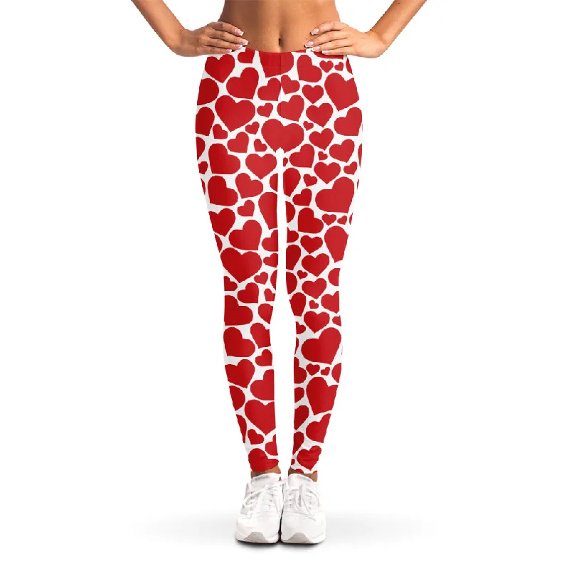 Red And White Heart Pattern Print Women's Leggings Cozy Warmth Leggings