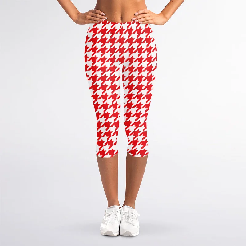 Red And White Houndstooth Pattern Print Women's Capri Leggings Elegant Printed Leggings with Pockets