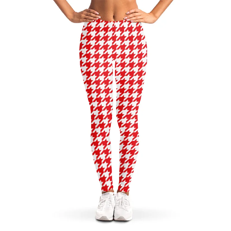 Red And White Houndstooth Pattern Print Women's Leggings Trendy Side-Pocket Leggings