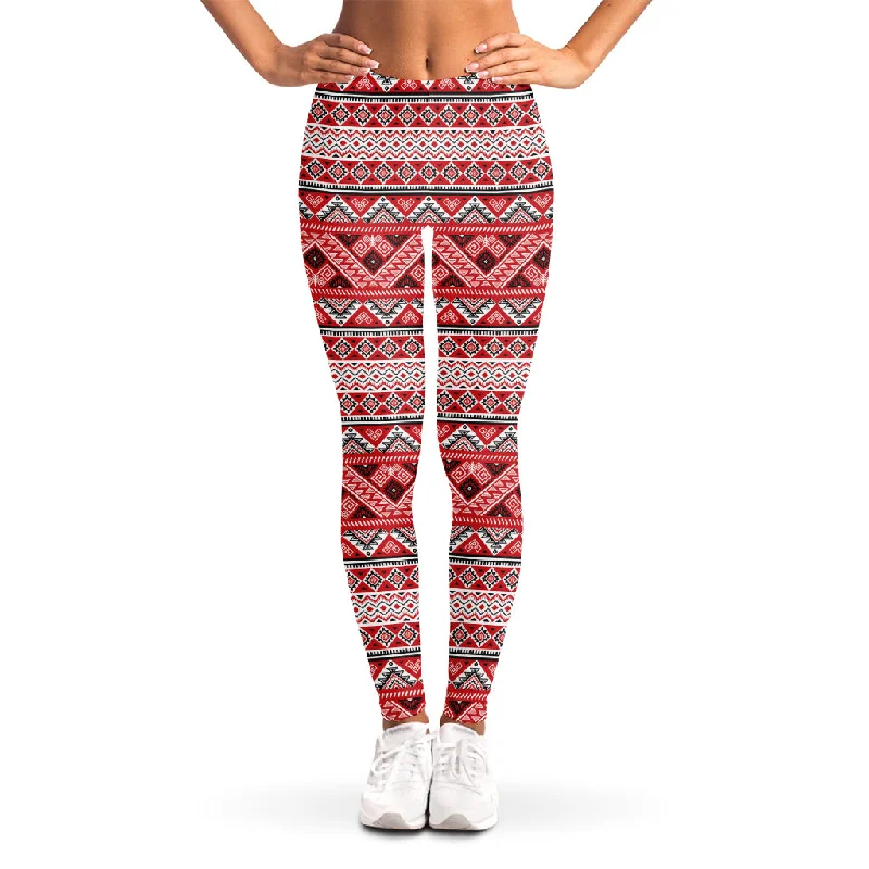 Red And White Native Tribal Print Women's Leggings Fashionable High-Rise Leggings